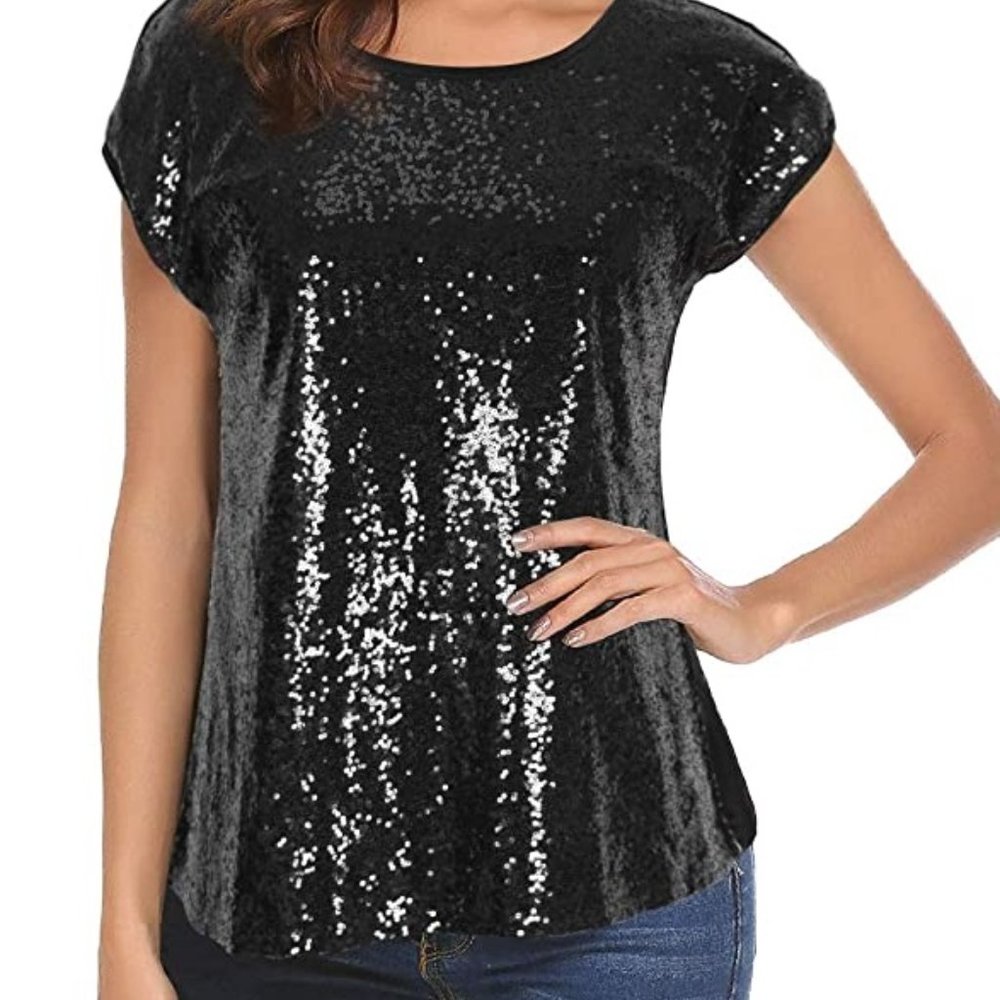Women Sequin Tops Glitter Shimmer Tunic Loose Bat Sleeve Sparkle T-Shirt Blouses